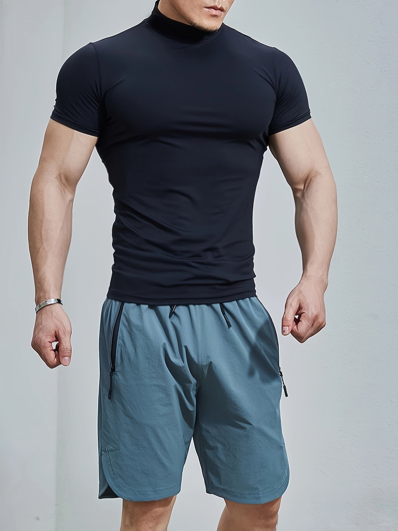 Men's Athletic High Neck T-Shirt Quick Dry Compression Stretch Sleeveless Summer Training Running
