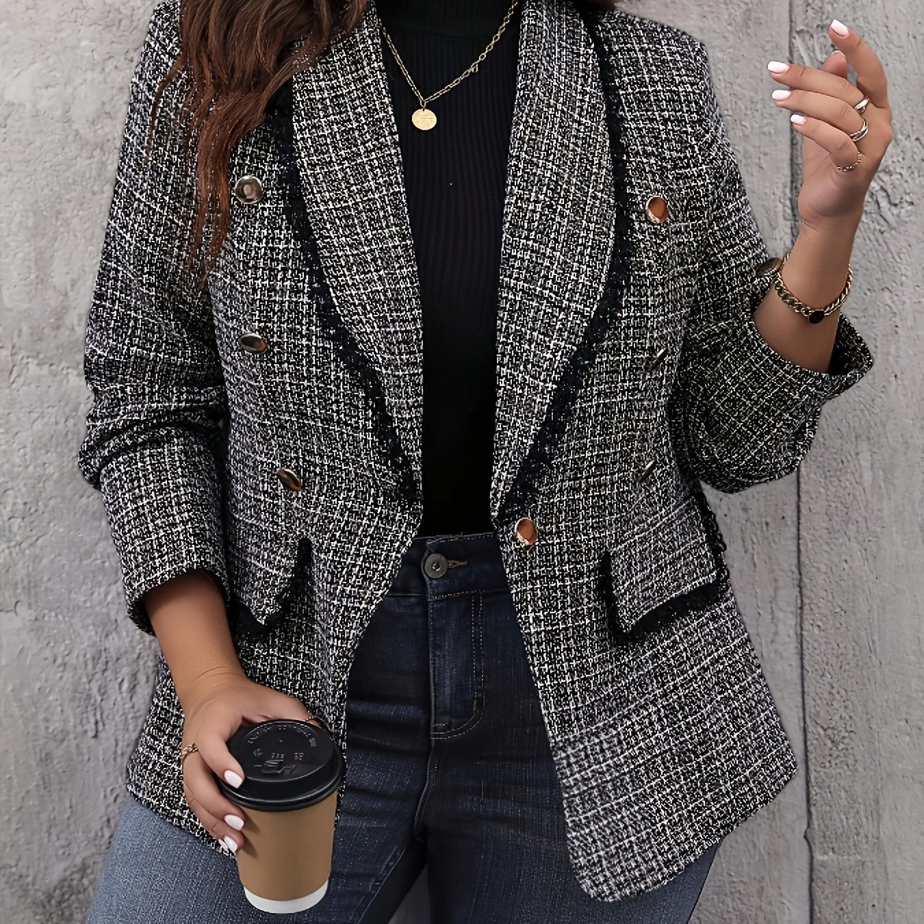 Women's Polyester Plaid Double-Breasted Blazer with Green Collars