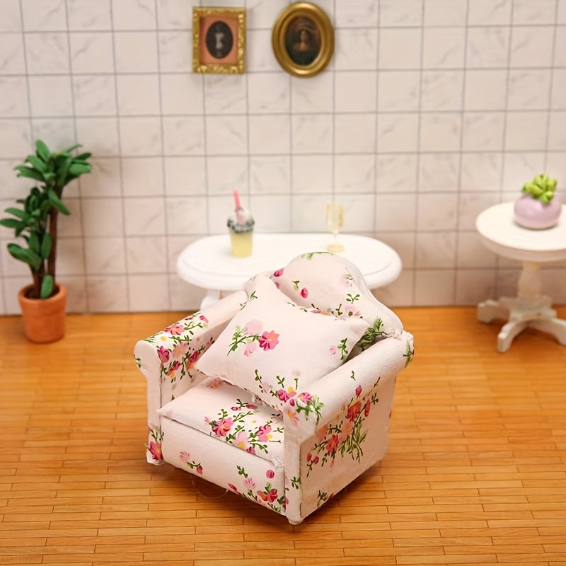 Mobiliario en miniatura para casa de muñecas Sofá rosa y verde con patrón floral escala 1:12