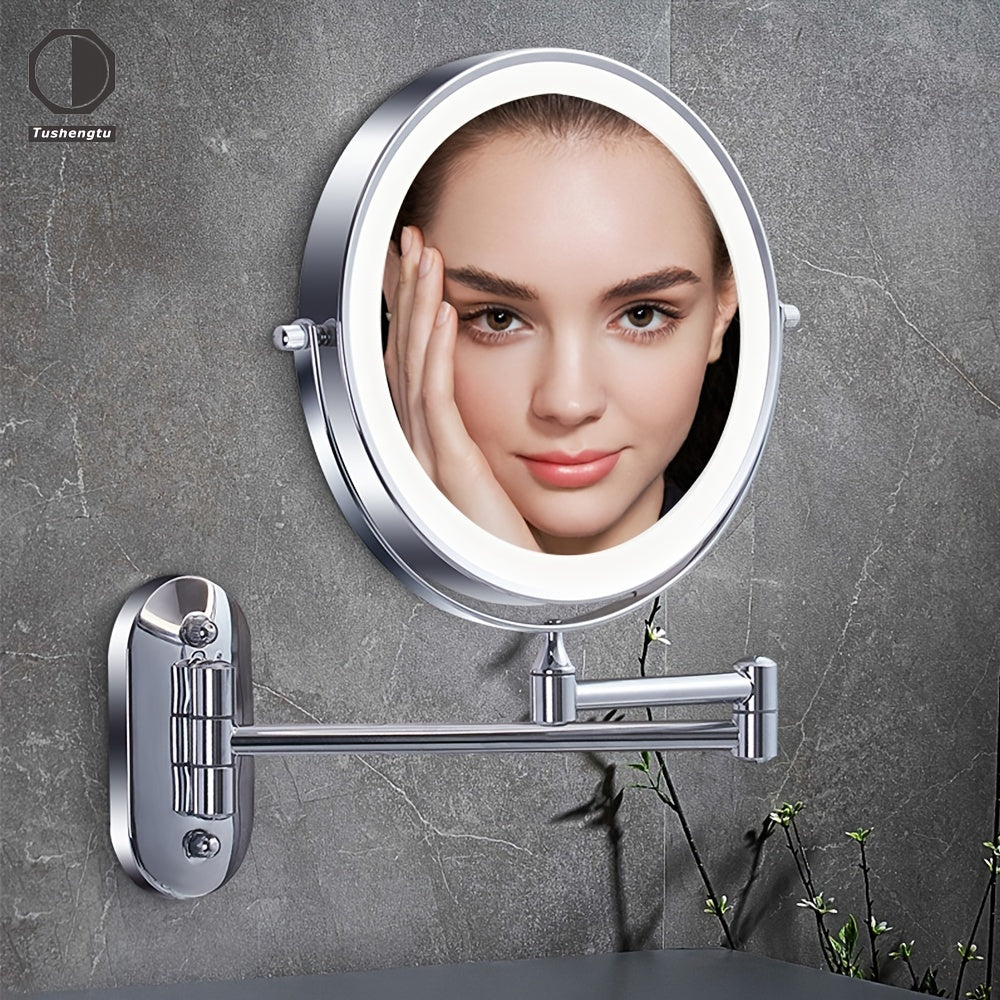 Wall-Mounted LED Makeup Mirror with Double-Sided Magnification 1X/10X Adjustable Brightness Chrome Frame