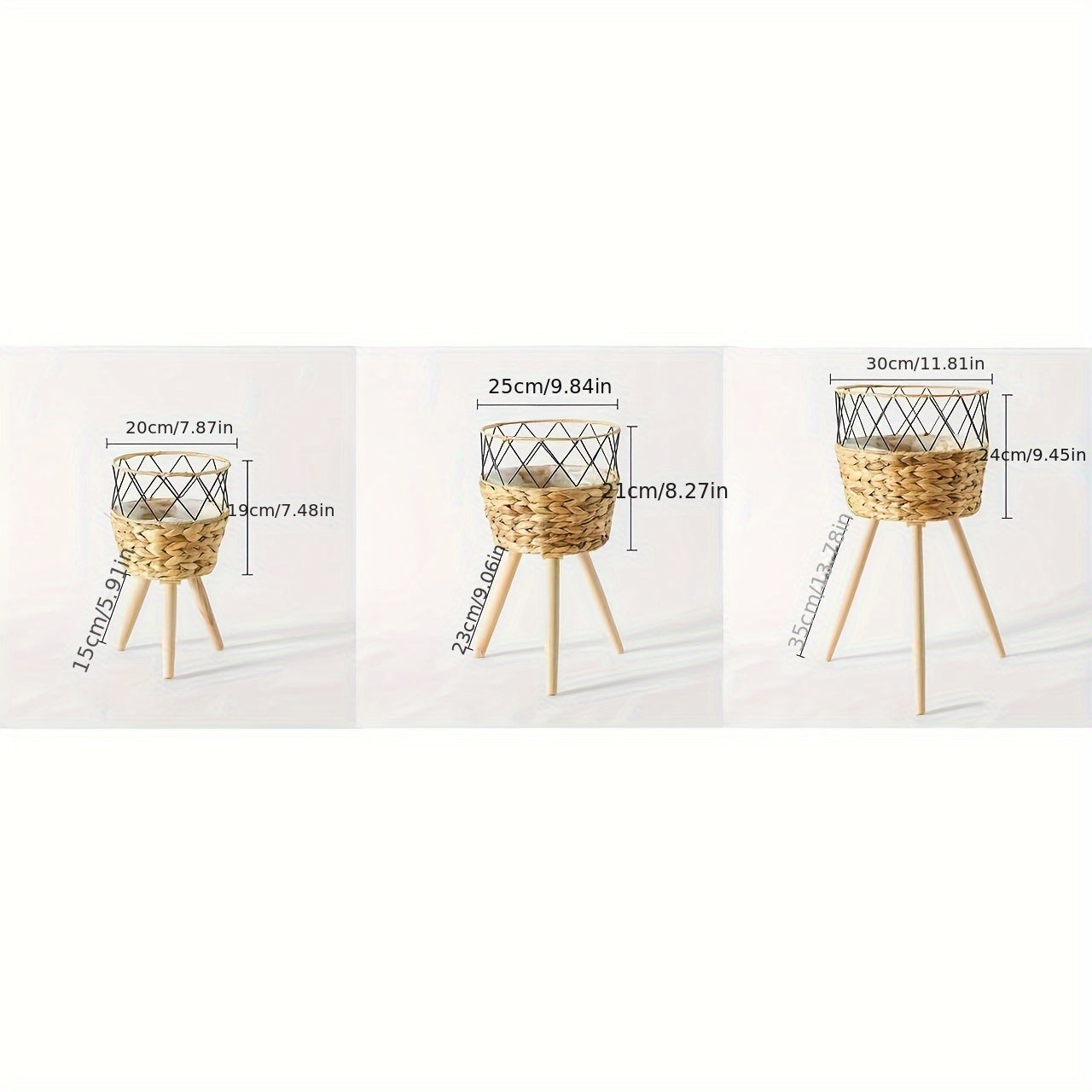 Set of 3 Seagrass Plant Baskets with Brackets Indoor Outdoor Rattan Classic