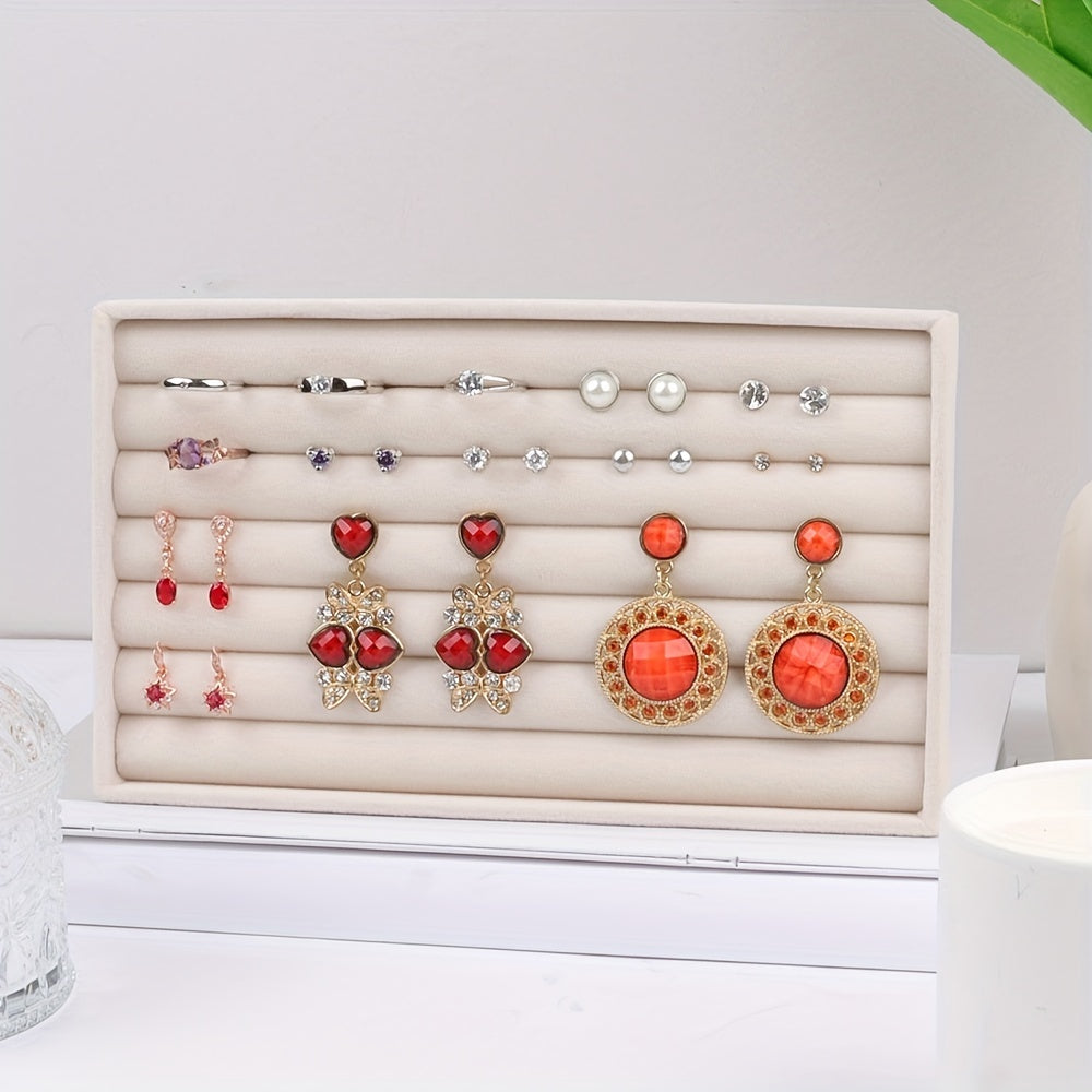 Beige Velvet Jewelry Organizer Tray for Earrings Rings and Accessories Storage