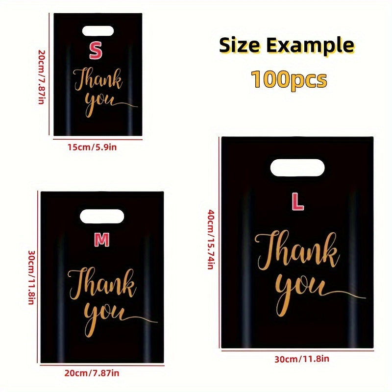 100-Pack Black Water-Resistant PE Thank You Bags with Die Cut Handles for Retail and Gifts