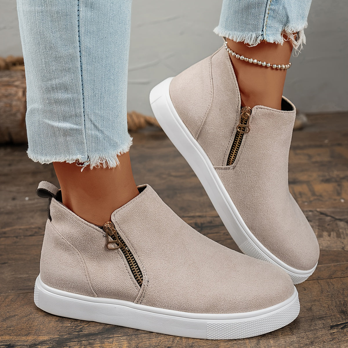 Women's Wedge Heel Ankle Boots Leather Chunky Zipper Casual Shoes