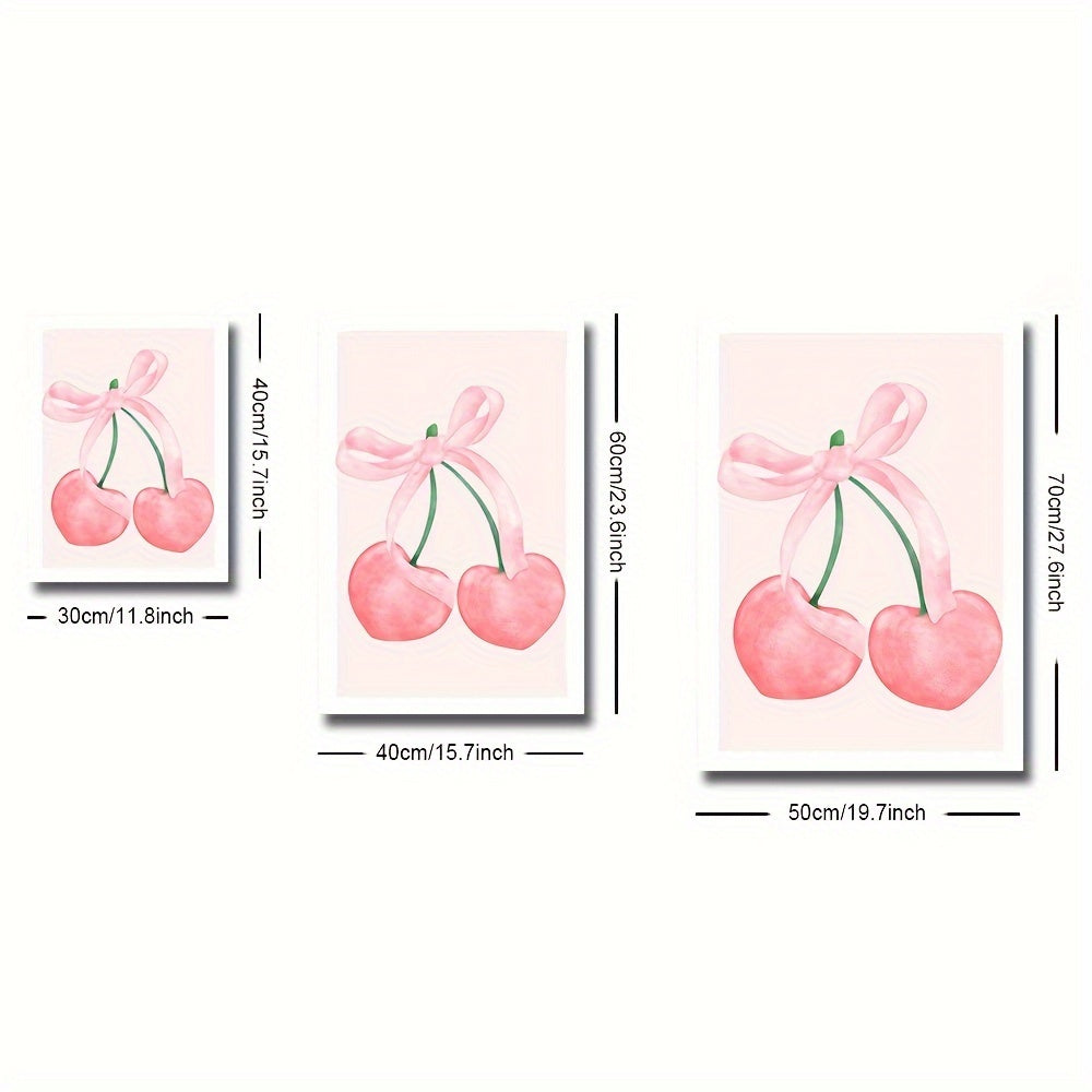 Set of 3 Pink Cherry Bow Canvas Wall Art Prints for Girl Room Bedroom Living Room Decor