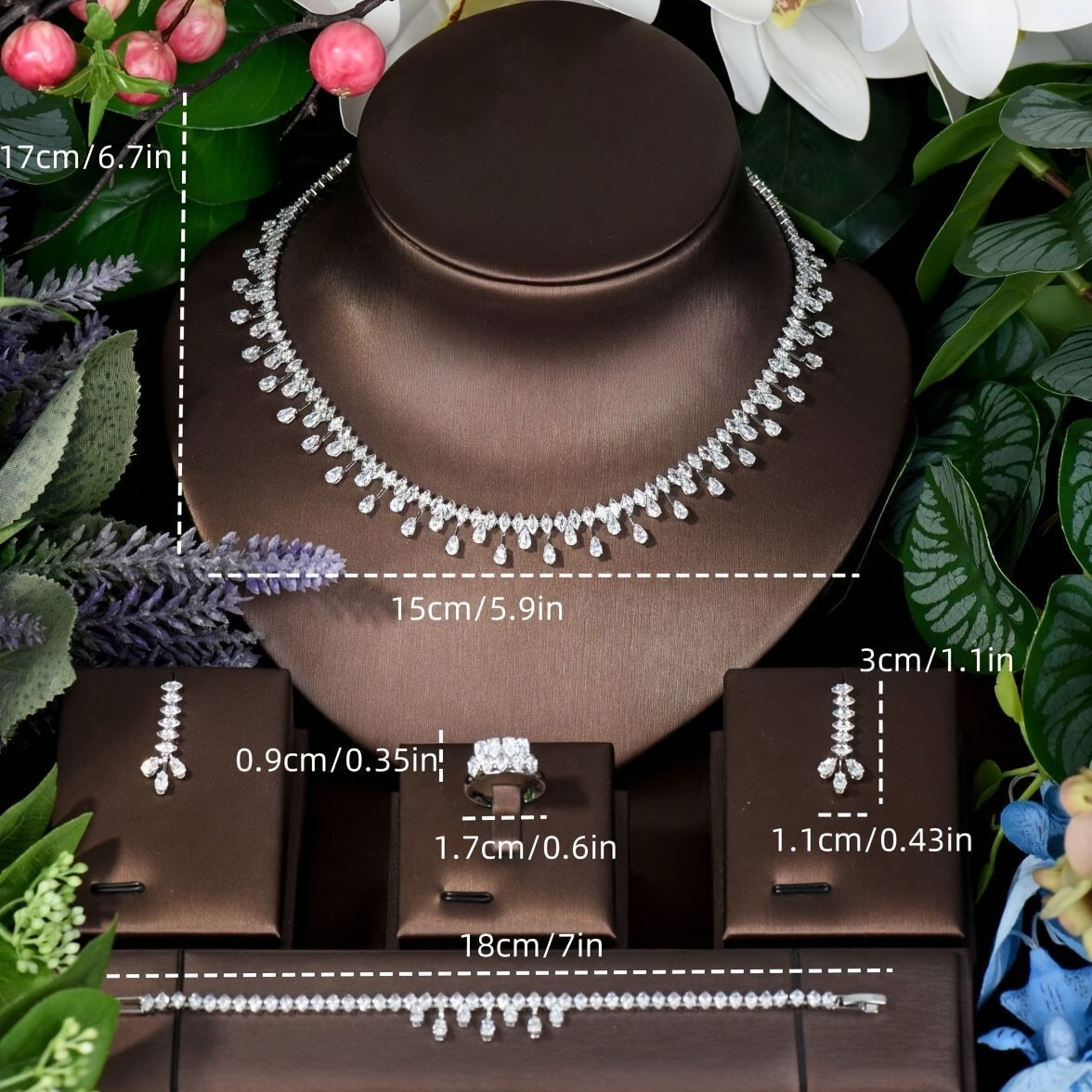 Luxury Wedding Jewelry Set for Women with Cubic Zirconia Necklace Earrings Bracelet Ring