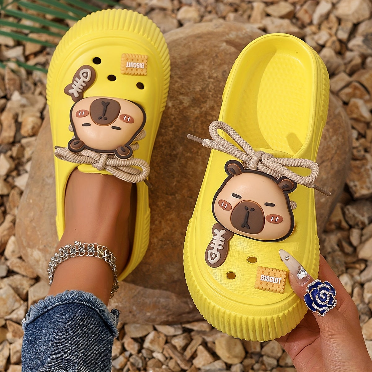 Women's Summer White EVA Clogs with Bear Charm and Thick Sole