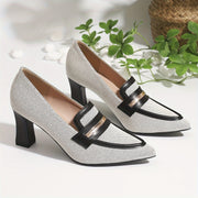 Women's Two-Tone Pointed Toe Mary Jane High Heels Black White Chunky Heel