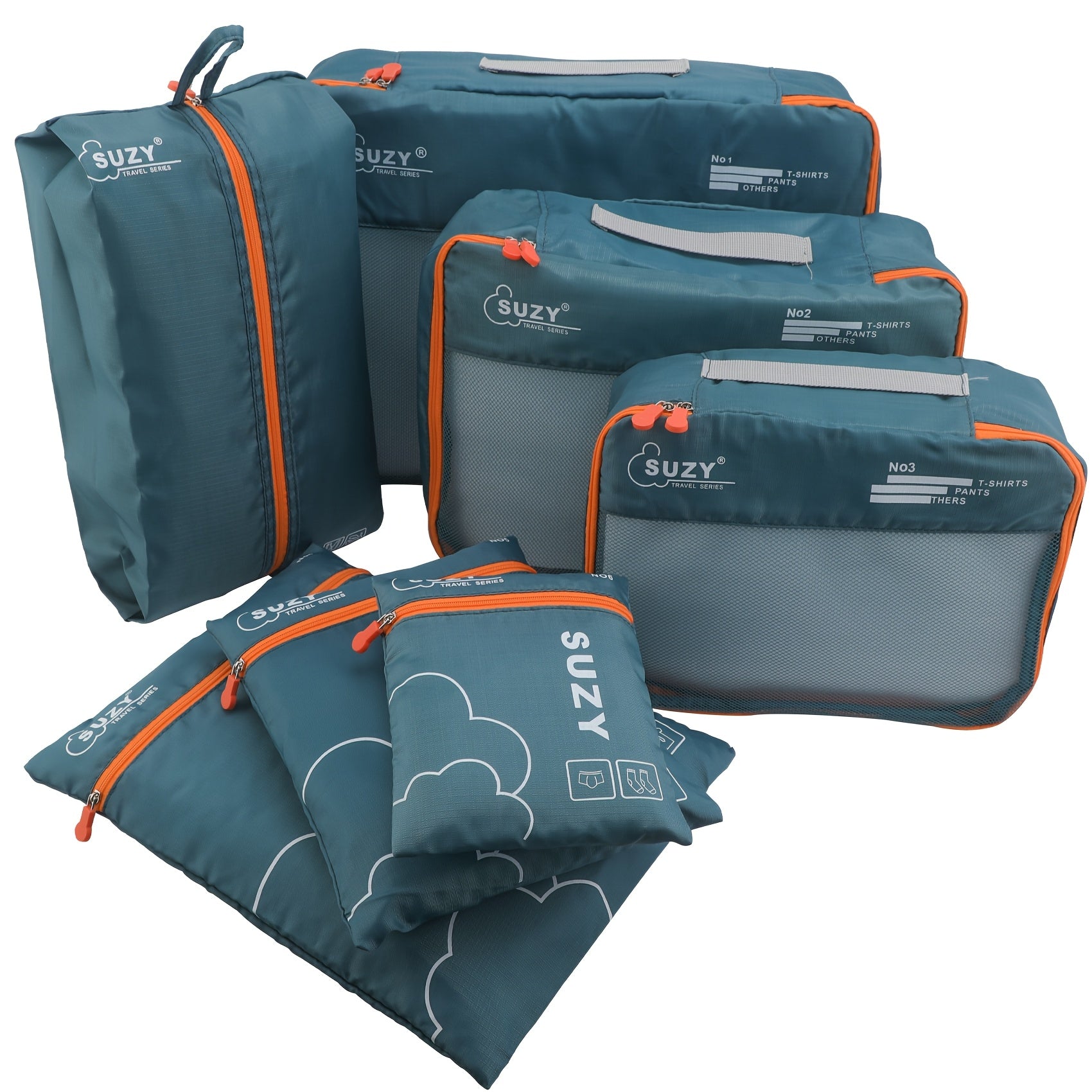 7-Piece Navy Blue Polyester Packing Cubes with Orange Accents for Travel Luggage Storage