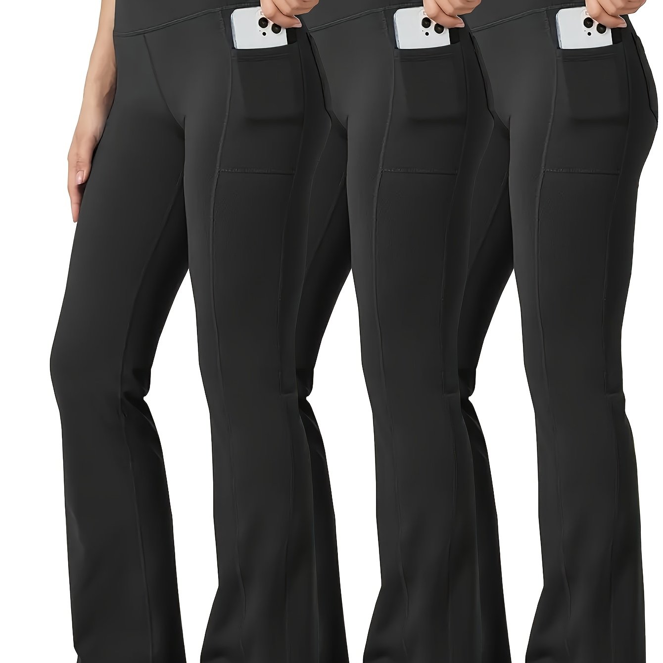 Pantalones de pierna acampanada para mujer de talla grande con bolsillos para teléfono, con control de abdomen elástico en negro, verde y azul