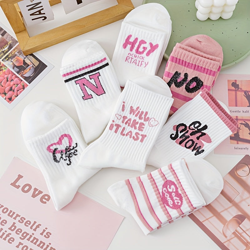 Women’s Pink Letter Socks 5 Pairs Calf-Length Stockings Spring Summer
