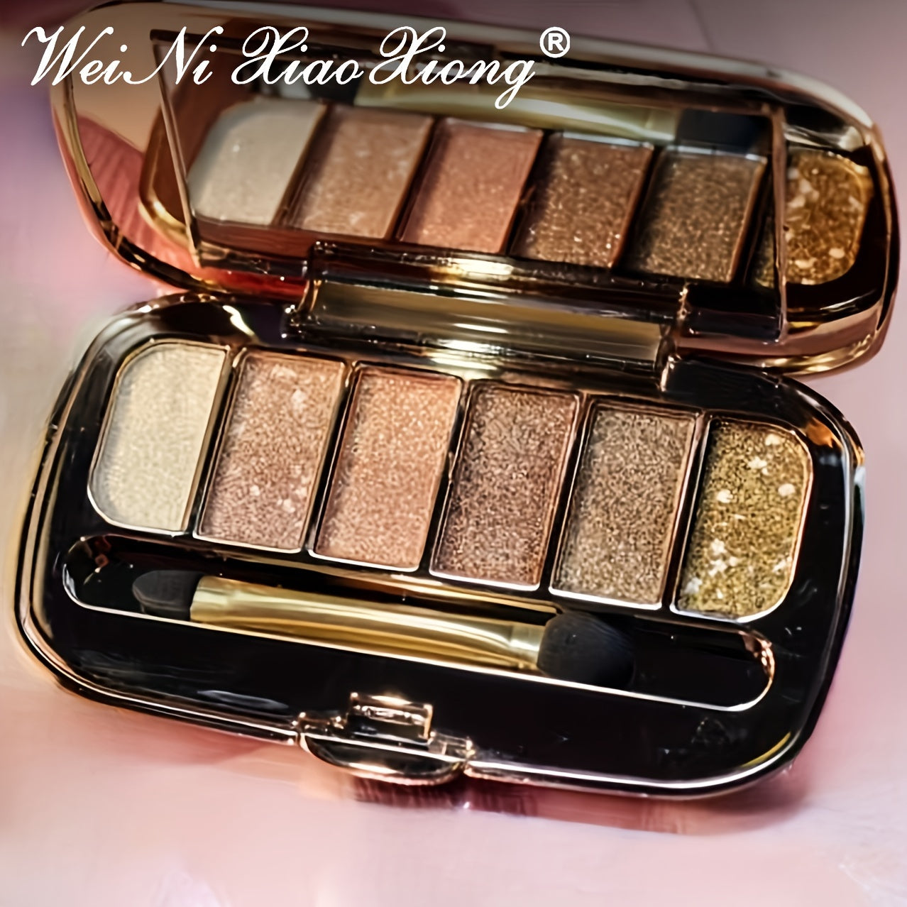 6-rangli olmos shaklidagi pearl yaltirashli ko'zoynak palitrasi, cho'tka va oynali shaffof porloq makiyaj