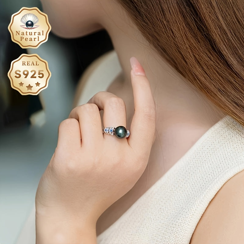 Vintage Sterling Silver Cuff Ring Tahitian Black Saltwater Pearl va Zirconia bilan