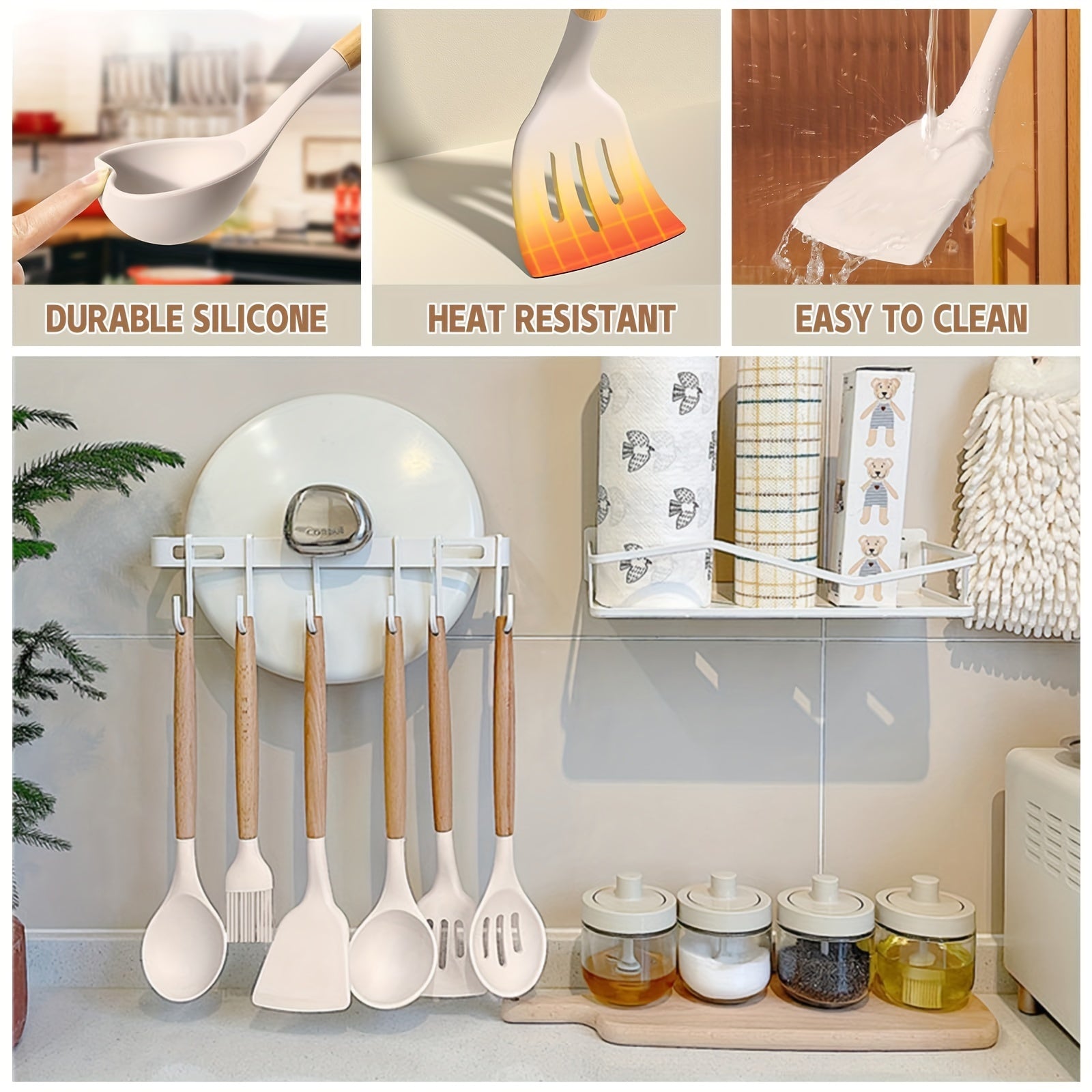 34-Piece Silicone Kitchen Utensil Set Heat-Resistant Non-Stick with Wooden Handles