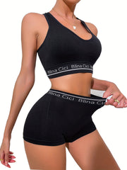 Women's Lingerie Set Letter Print Bra and Panties Racerback Sports Bra Elastic Panties