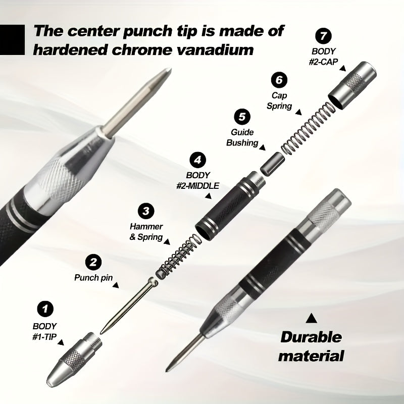 Heavy Duty Steel Automatic Center Punch 12.7cm, Adjustable Tension for Metal Wood Glass Plastic