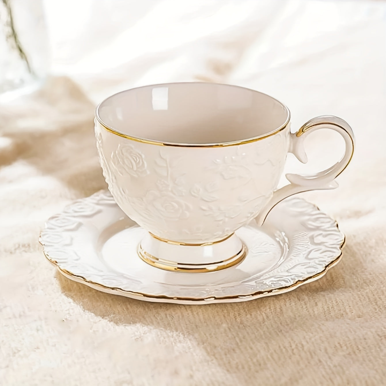 European Style Gilded Ceramic Coffee Cup and Saucer Set Embossed Gold Edges for Tea Latte Breakfast