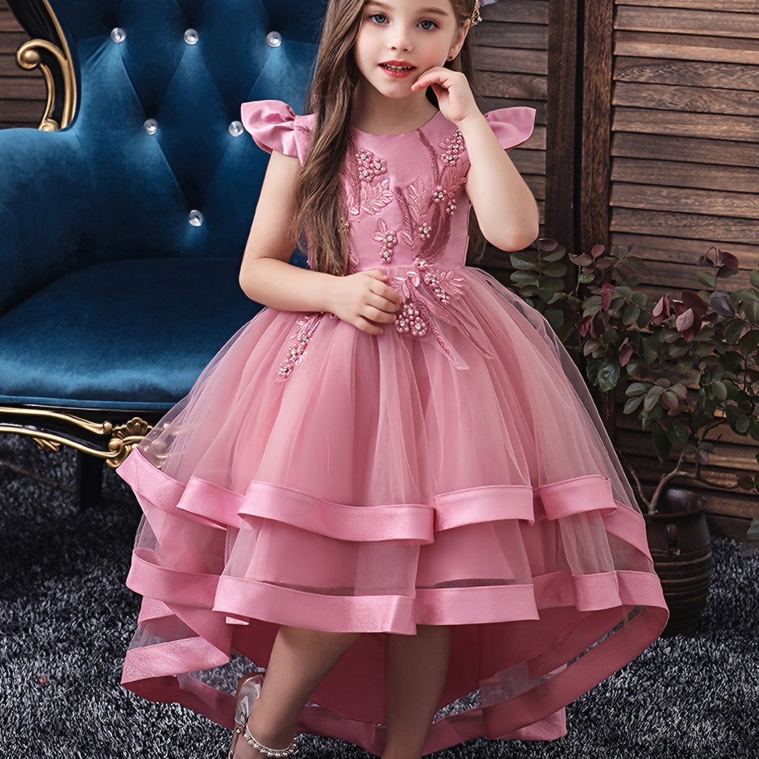 Girls Mesh Flower Embroidered Princess Dress with Fly Sleeve for Party