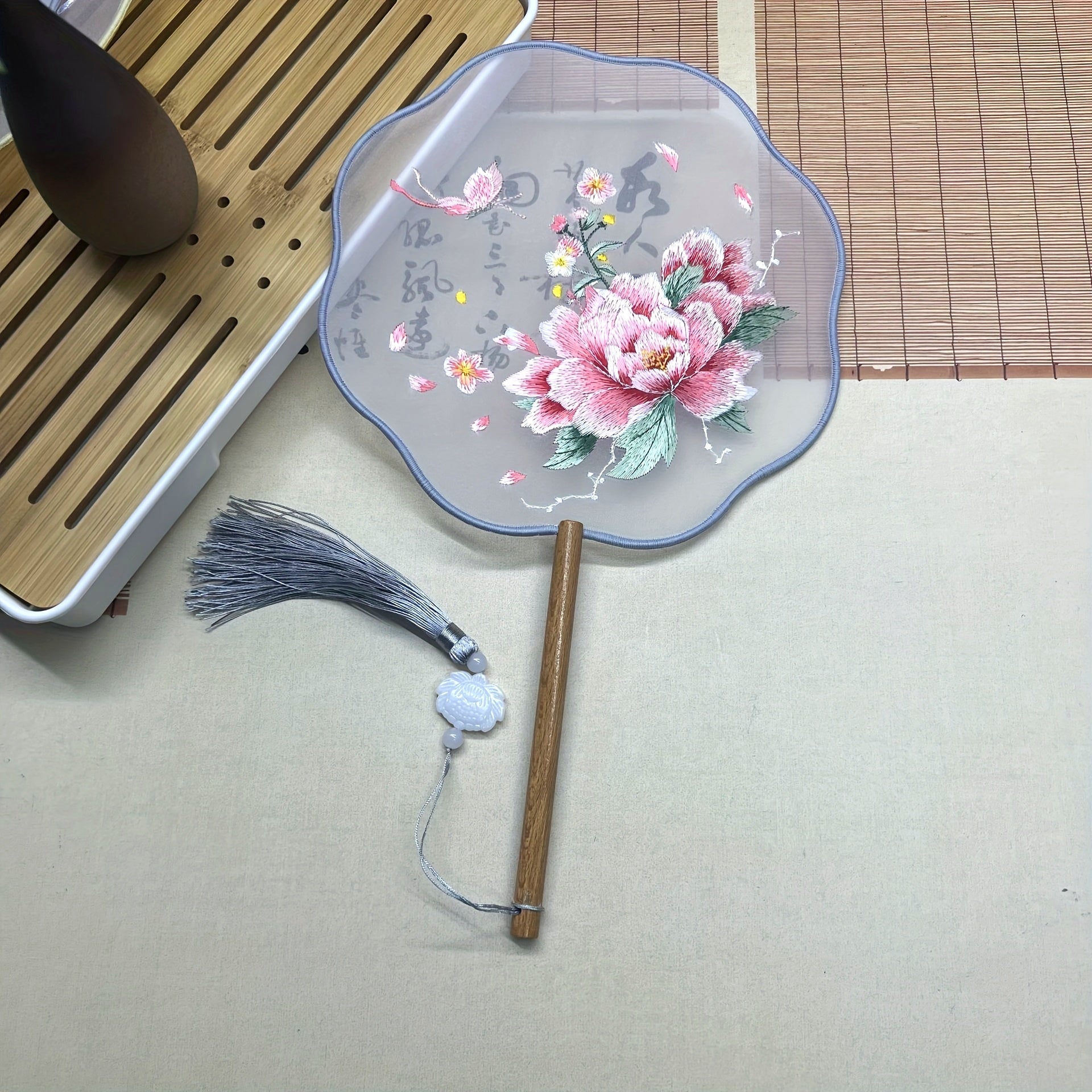 Embroidered Chinese-Style Handheld Fan with Wooden Handle for Dance and Crafts