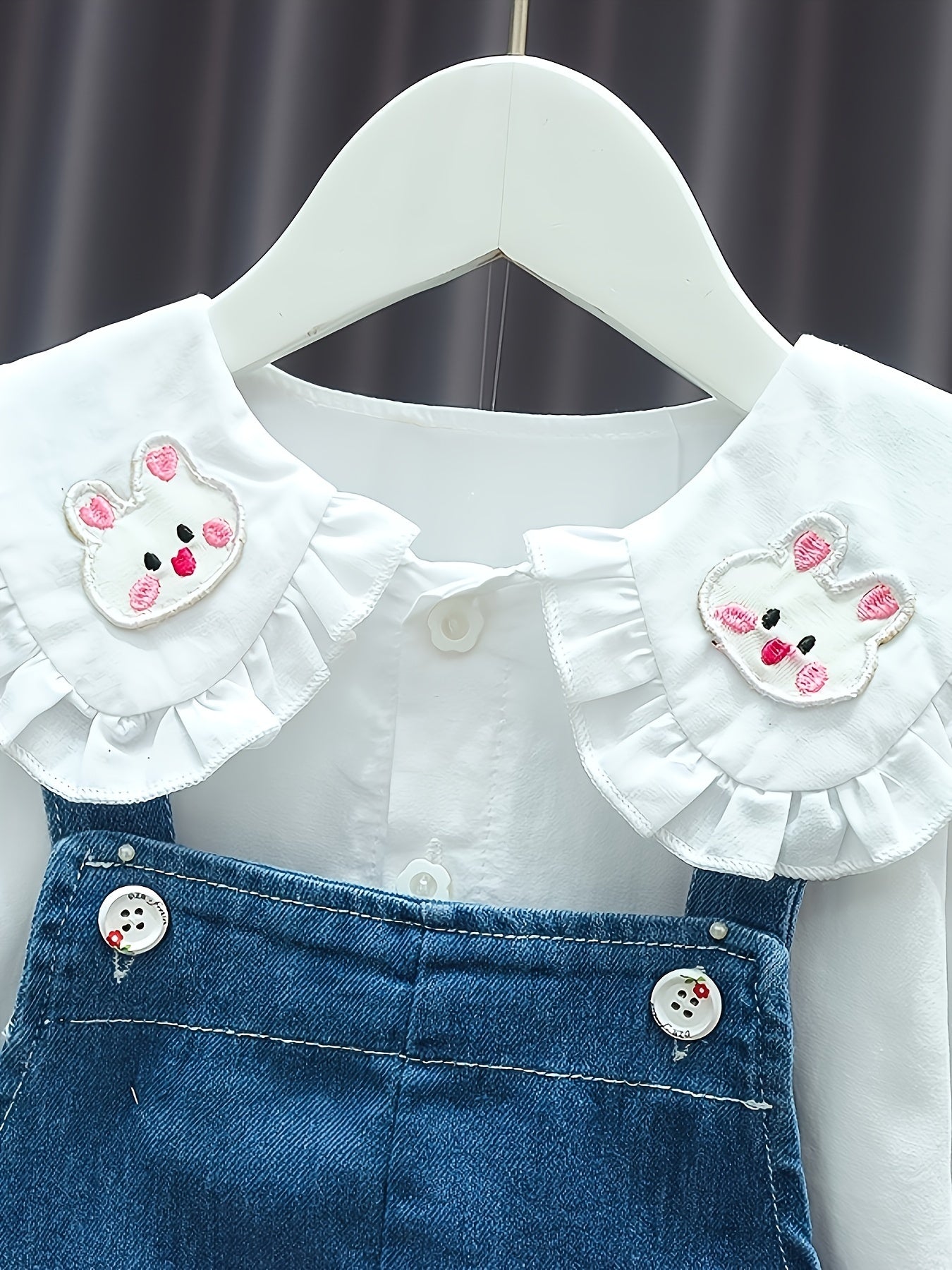 Baby Girl Denim Overalls with Rabbit Embroidery and Ruffled Blouse for Spring and Fall Outdoor Wear