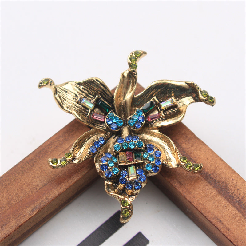 Antique Orchid Brooch Rhinestone Enamel Floral Jewelry for Women