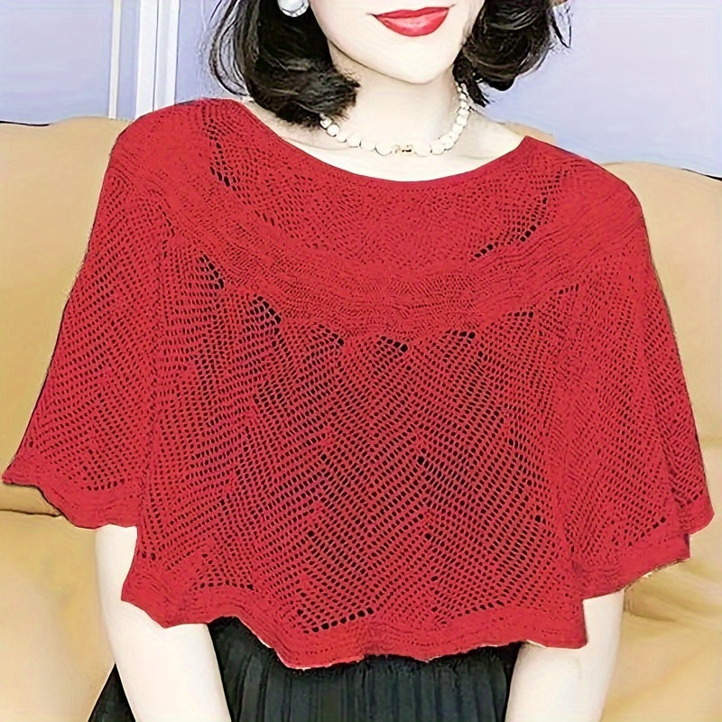 Women's Elegant Pullover Cape with Hollow Knitted Shawl, Loose Fit, Solid Color