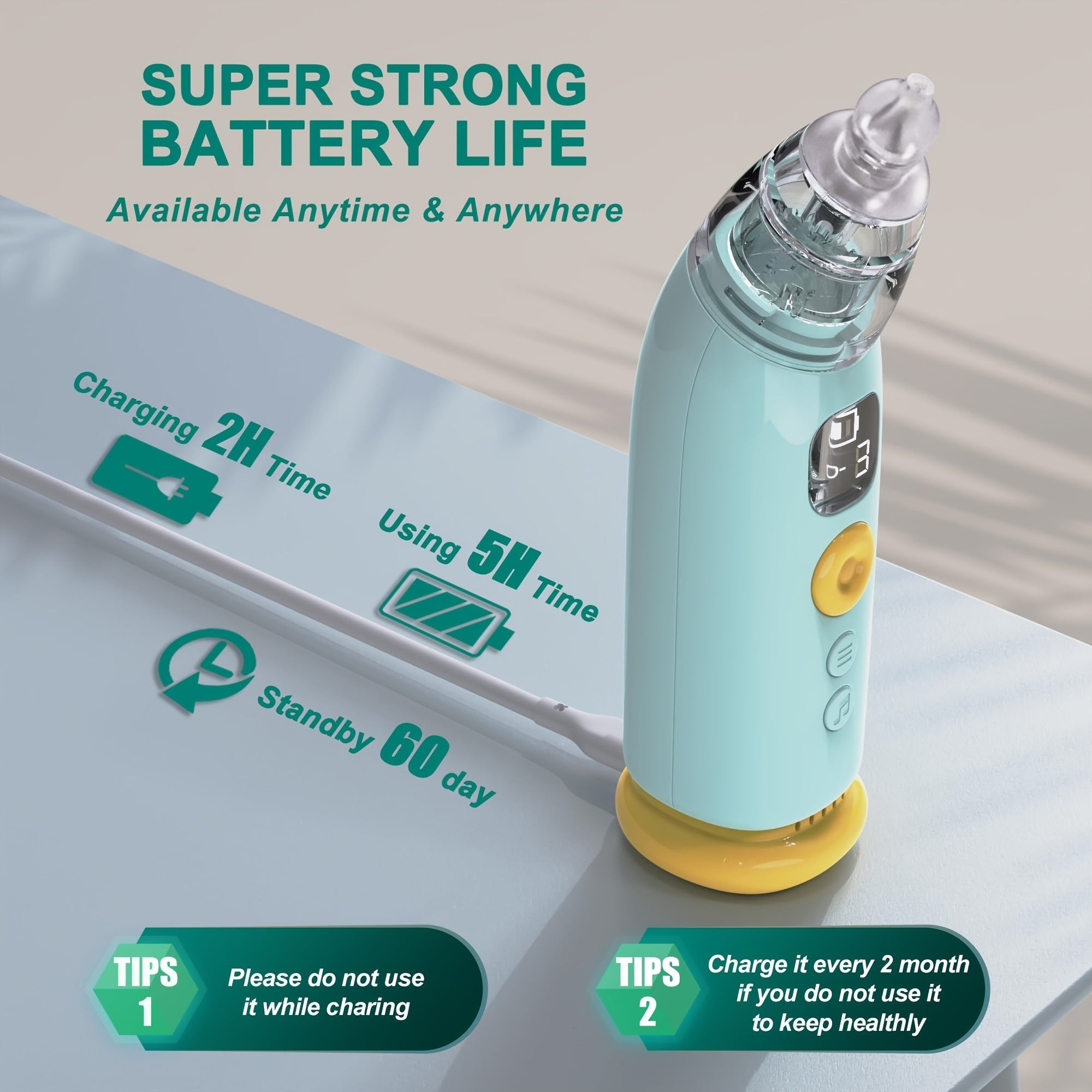 Electric Nose Sucker for Babies with Music Light, 3 Silicone Tips, Adjustable Suction