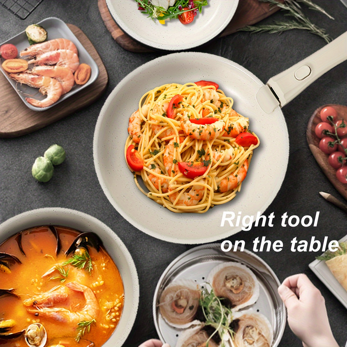 5/12 ta keramika non-stick oshxona to'plami, olib tashlanadigan tutqichlar bilan, krem oq