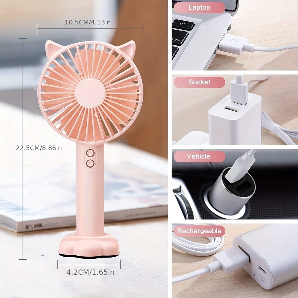 Compact USB Handheld Fan with Bunny Ears, Quiet Operation, Night Light