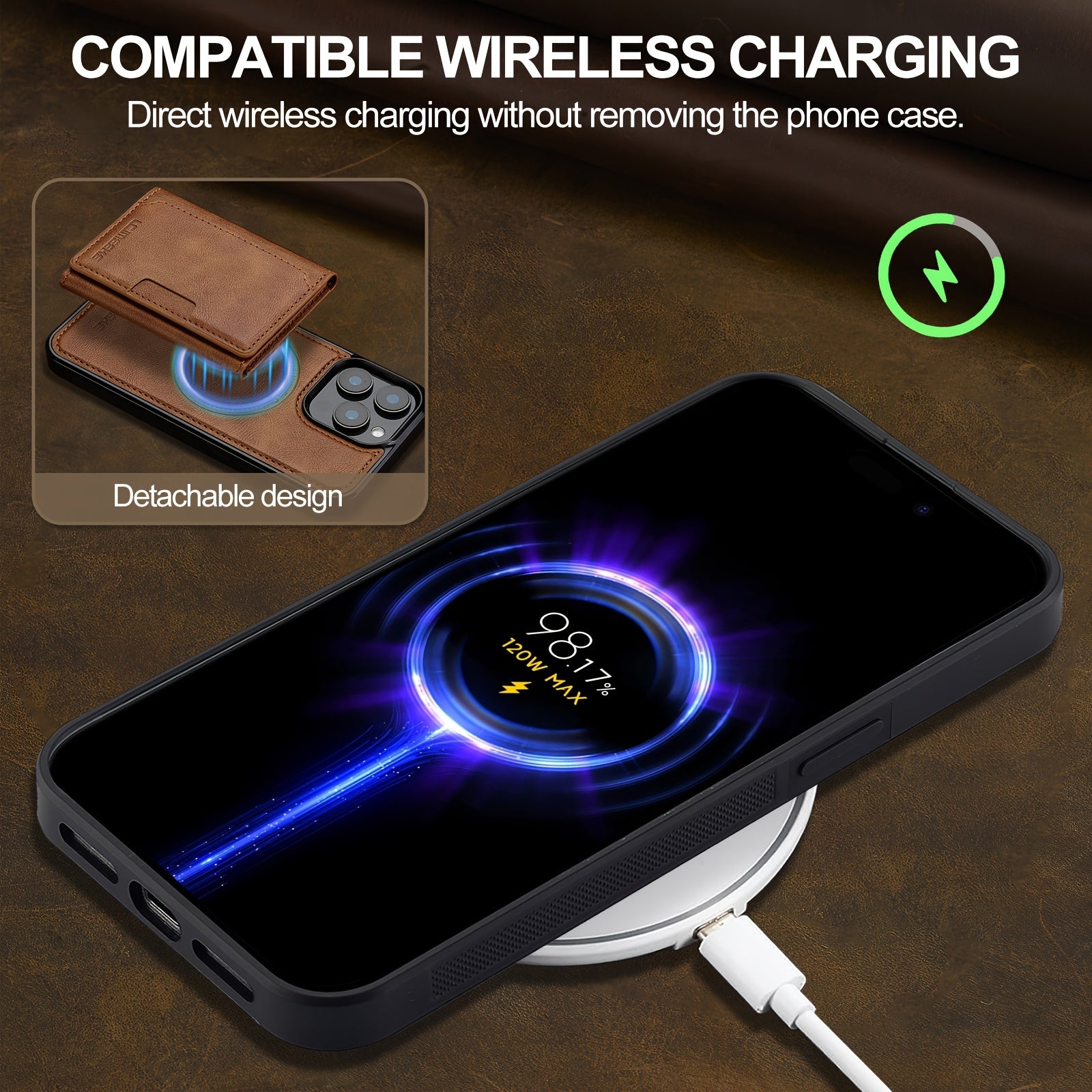 Funda de teléfono de cuero sintético desmontable para iPhone 11-16 con ranuras para tarjetas y carga inalámbrica magnética