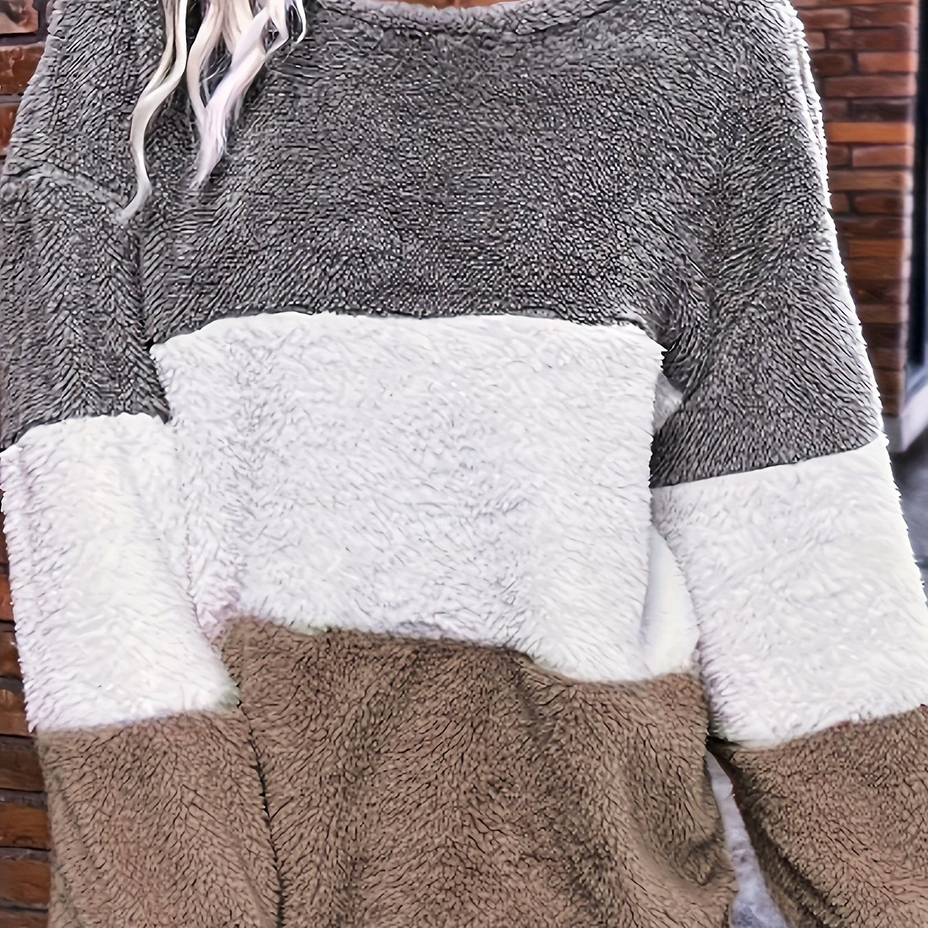 Plus Size Women's Fleece Hoodie Color Block Striped Loose Fit Pullover Winter Warmth