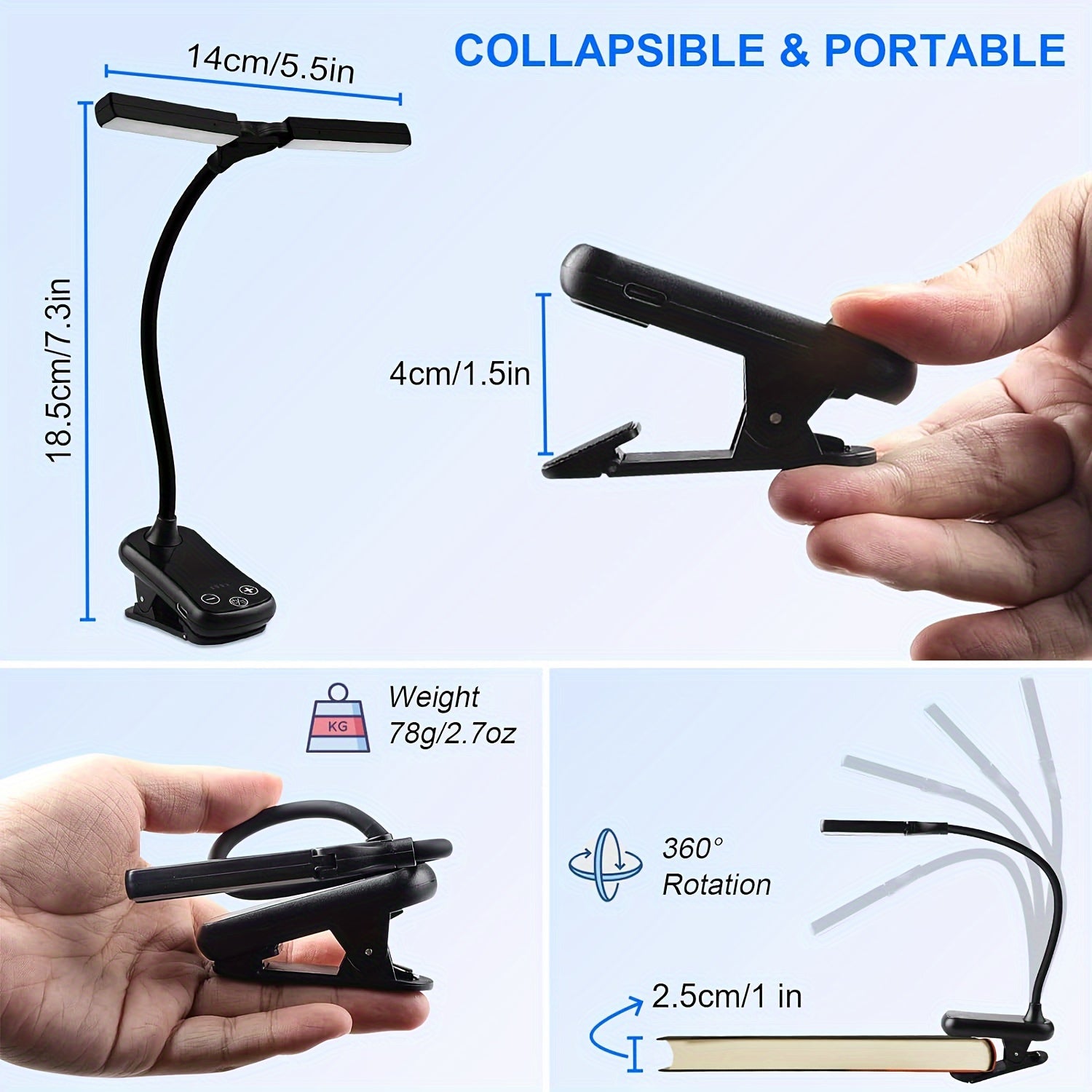 Rechargeable Book Light with 14 LEDs Dual Head Clip-On Reading Lamp Warm Cool Light