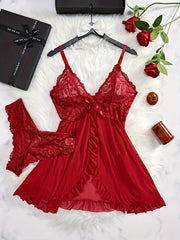 Solid Color Nightgown for Women with Lace Details V-Neck Open Back Ruffled Hem Sleepwear