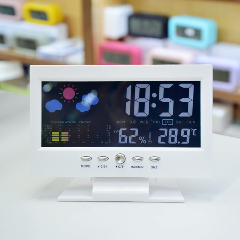 Ko'p funksiyali Smart Clock ni taqdim etamiz, unda ovoz bilan boshqariladigan yoritish, raqamli displey, signal, termometr va gygrometr mavjud. U vaqt, sana, haftaning kuni, harorat va namlikni uyda va ofisda kuzatib borish uchun mukammal.