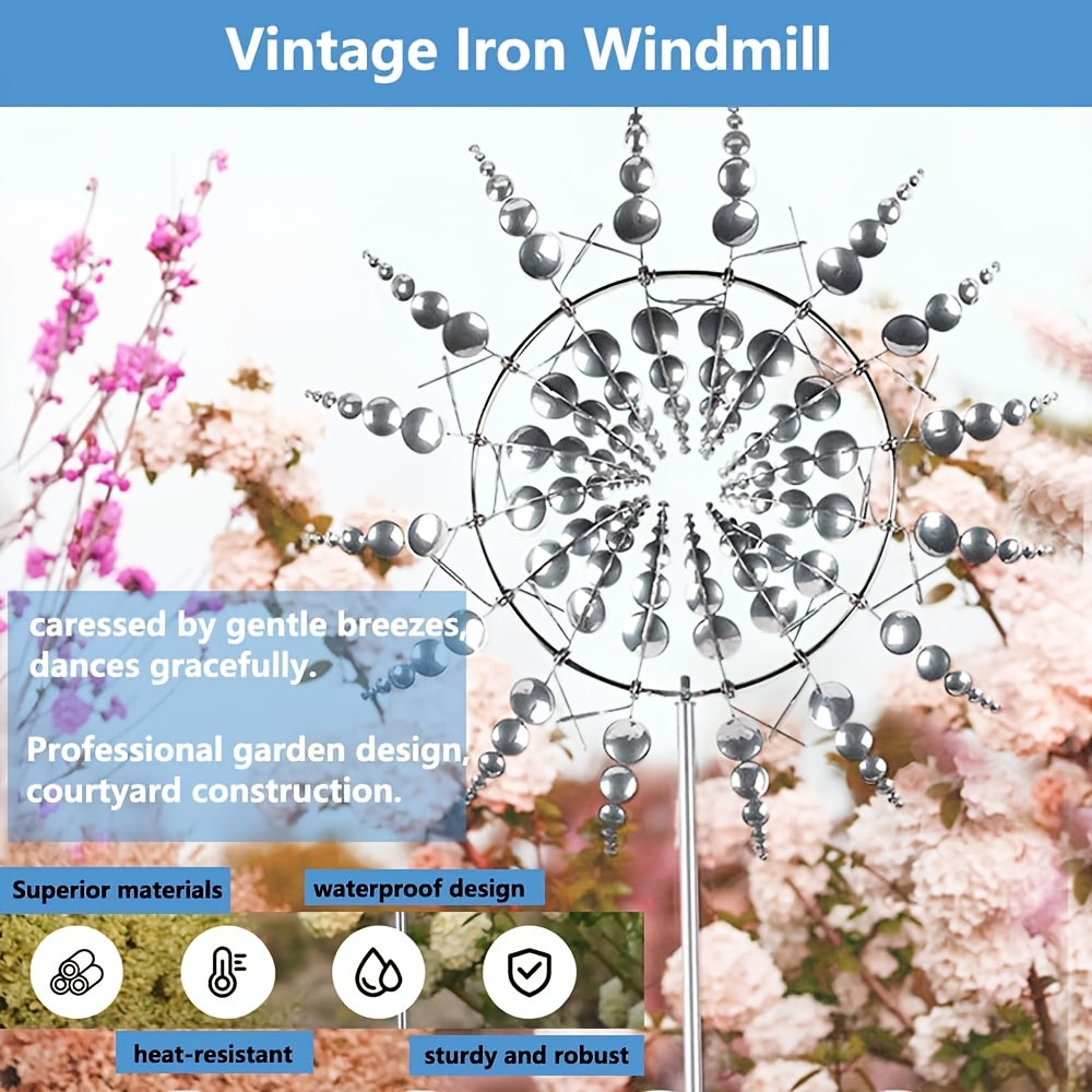 Solar-Powered Iron Wind Sculpture with 3D Kinetic Metal Windmill for Garden Decor