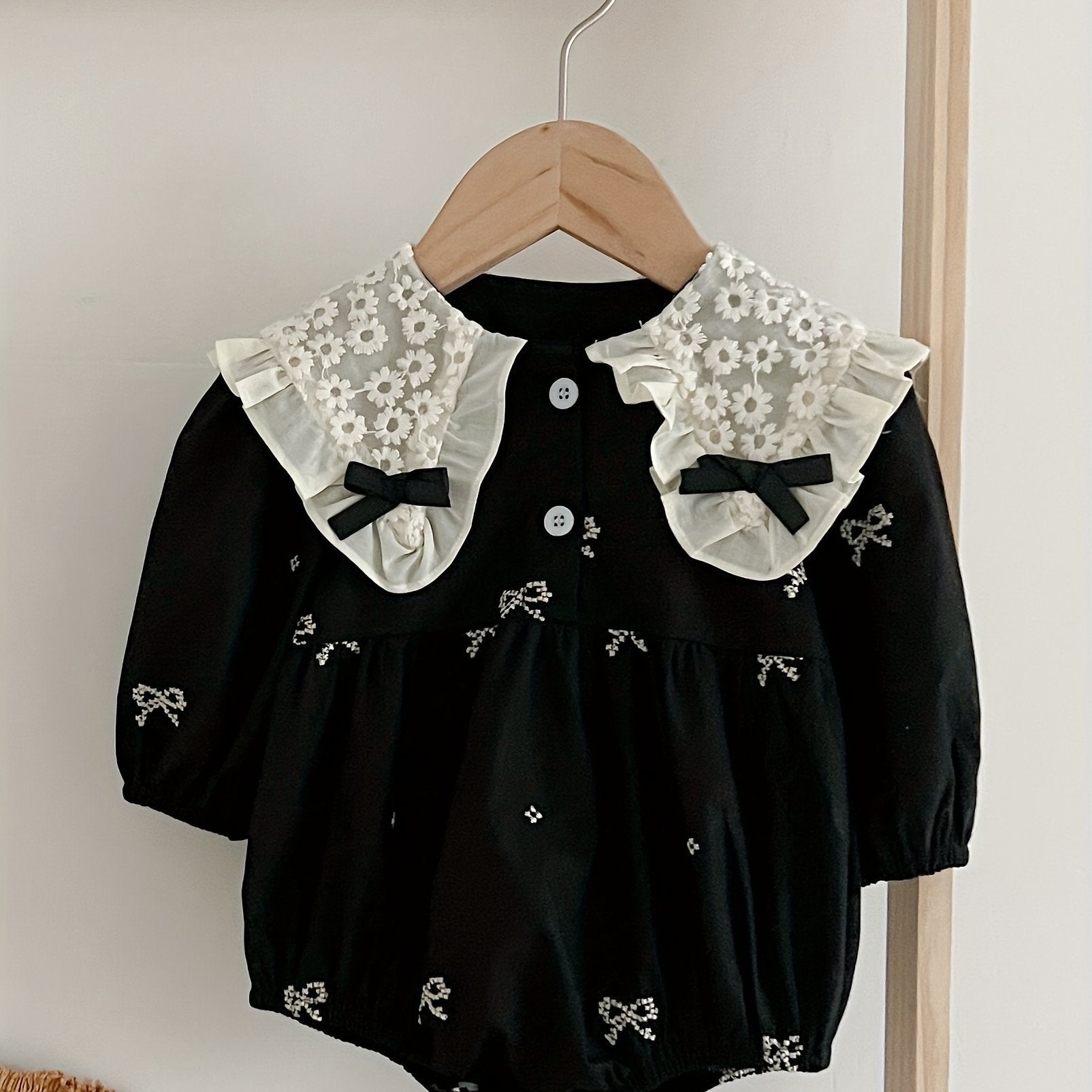 Baby Girl Floral Embroidered Cotton Long-Sleeve Romper for Spring Fall Outdoor Wear