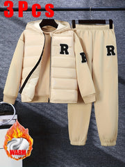 Kids Boys Fleece Set 3-Piece Autumn Winter Hoodie Vest Pants Casual