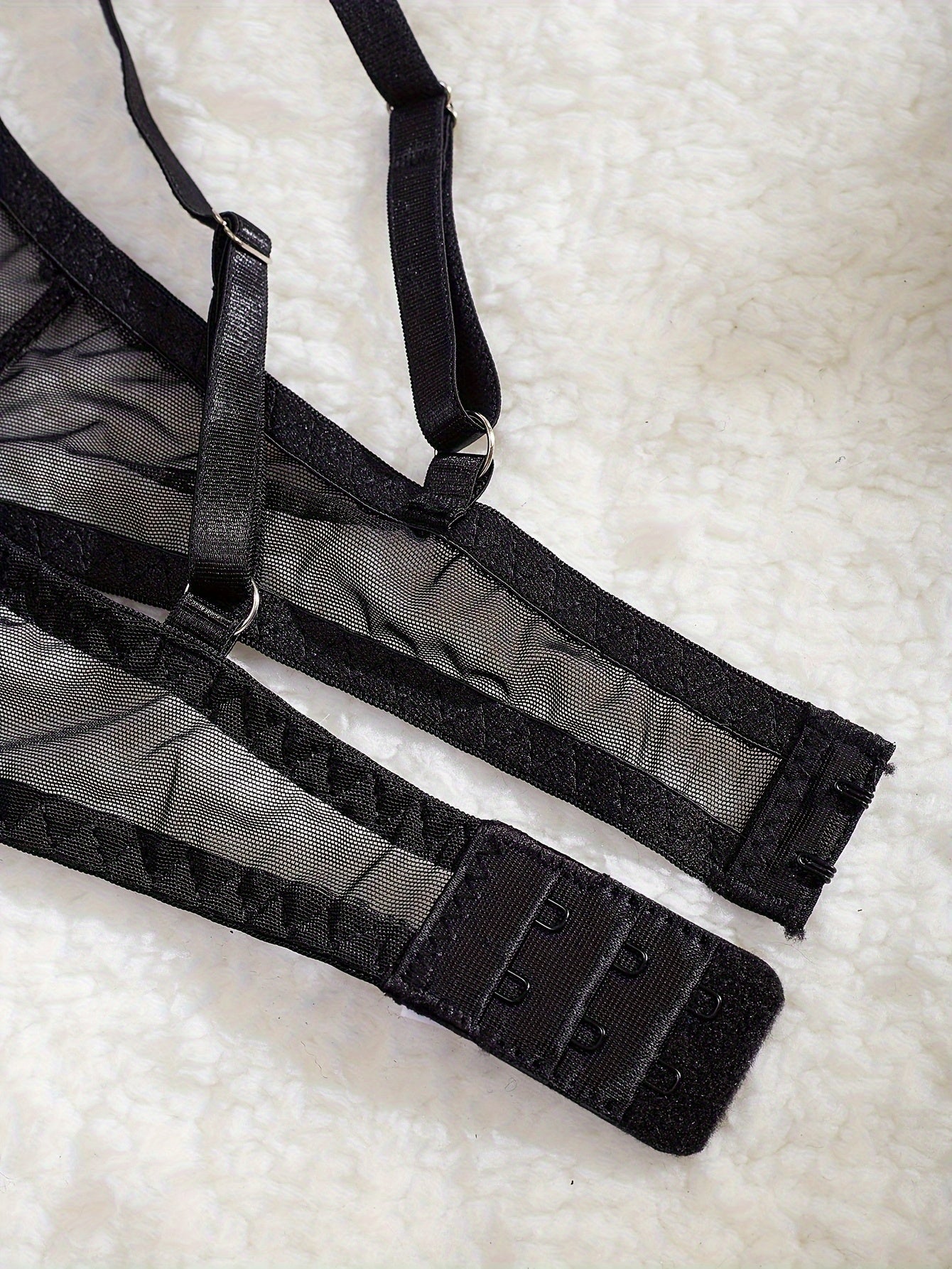 Black Sheer Mesh Lingerie Set with Heart Embroidery Cross Strappy Garter Belt and Thong