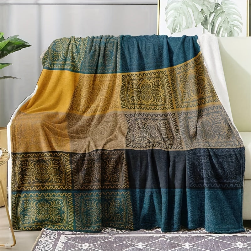 Bohemian Flannel Throw Blanket with Mixed Colors and Knitted Design
