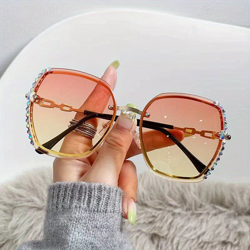 Women's Rimless Rhinestone Decor Gradient Glasses for Summer Beach Party