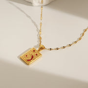 Gold Plated Stainless Steel Pendant Necklace with Geometric Rectangle and Crescent Moon Red Zirconia for Women