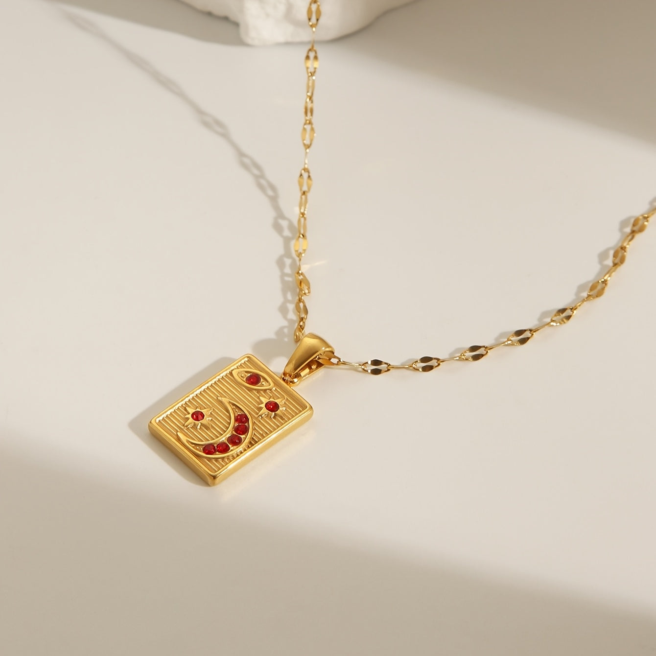 Gold Plated Stainless Steel Pendant Necklace with Geometric Rectangle and Crescent Moon Red Zirconia for Women