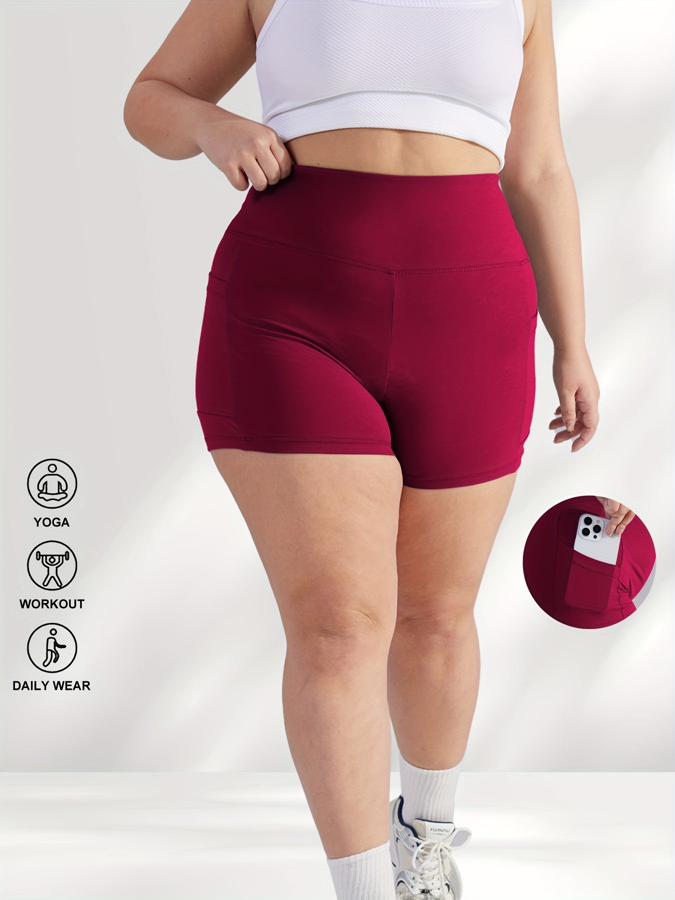 Women's Plus Size High-Waisted Shorts with Pockets, Butt-Lifting, Stretch Fabric