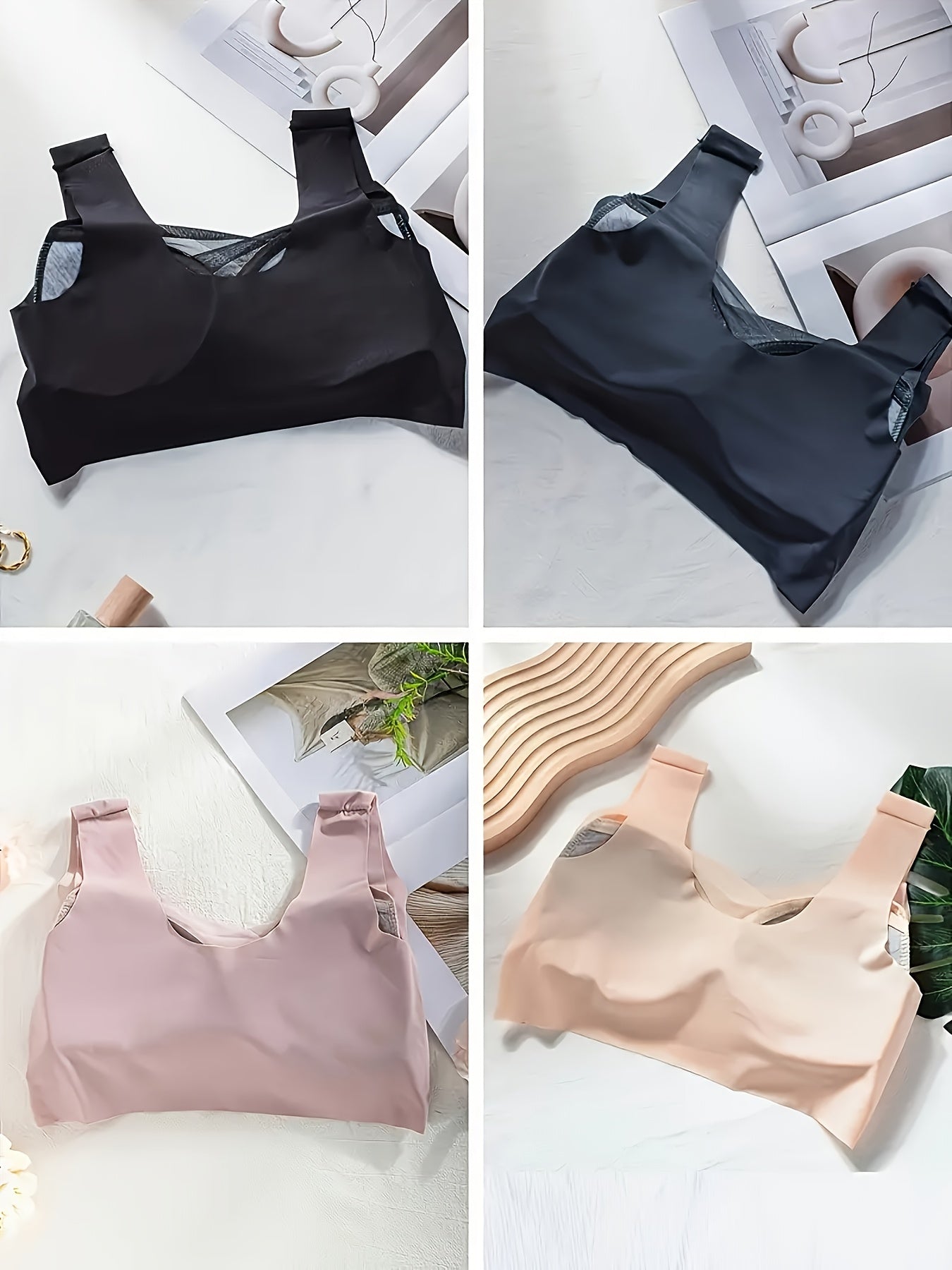 Women's Seamless Wireless Bras Set of 4 Solid Colors V-Neck Stretch Fabric