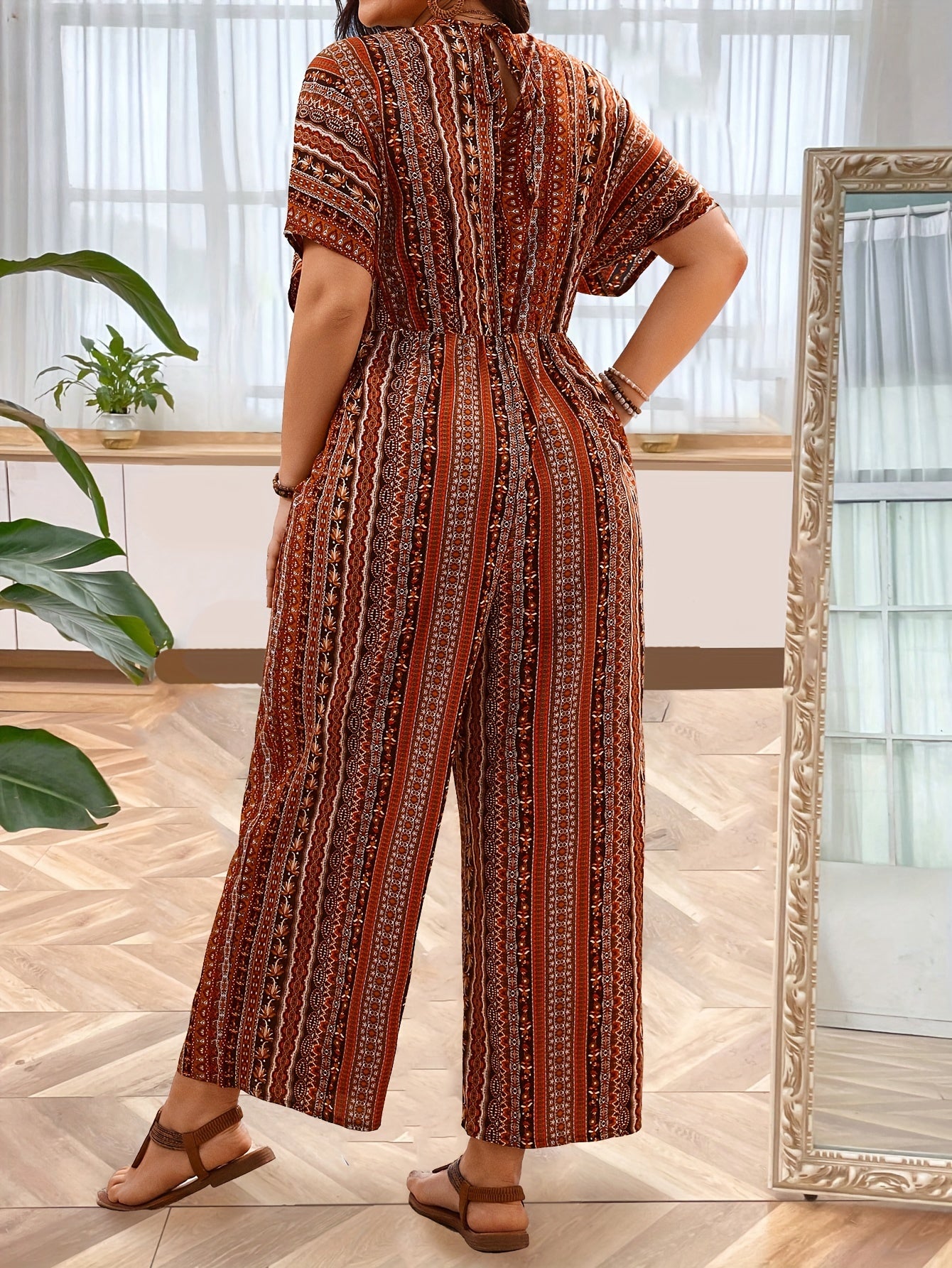 Plus Size Tribal Print V-Neck Jumpsuit Wholesale Batwing Sleeve Wide Leg Dress