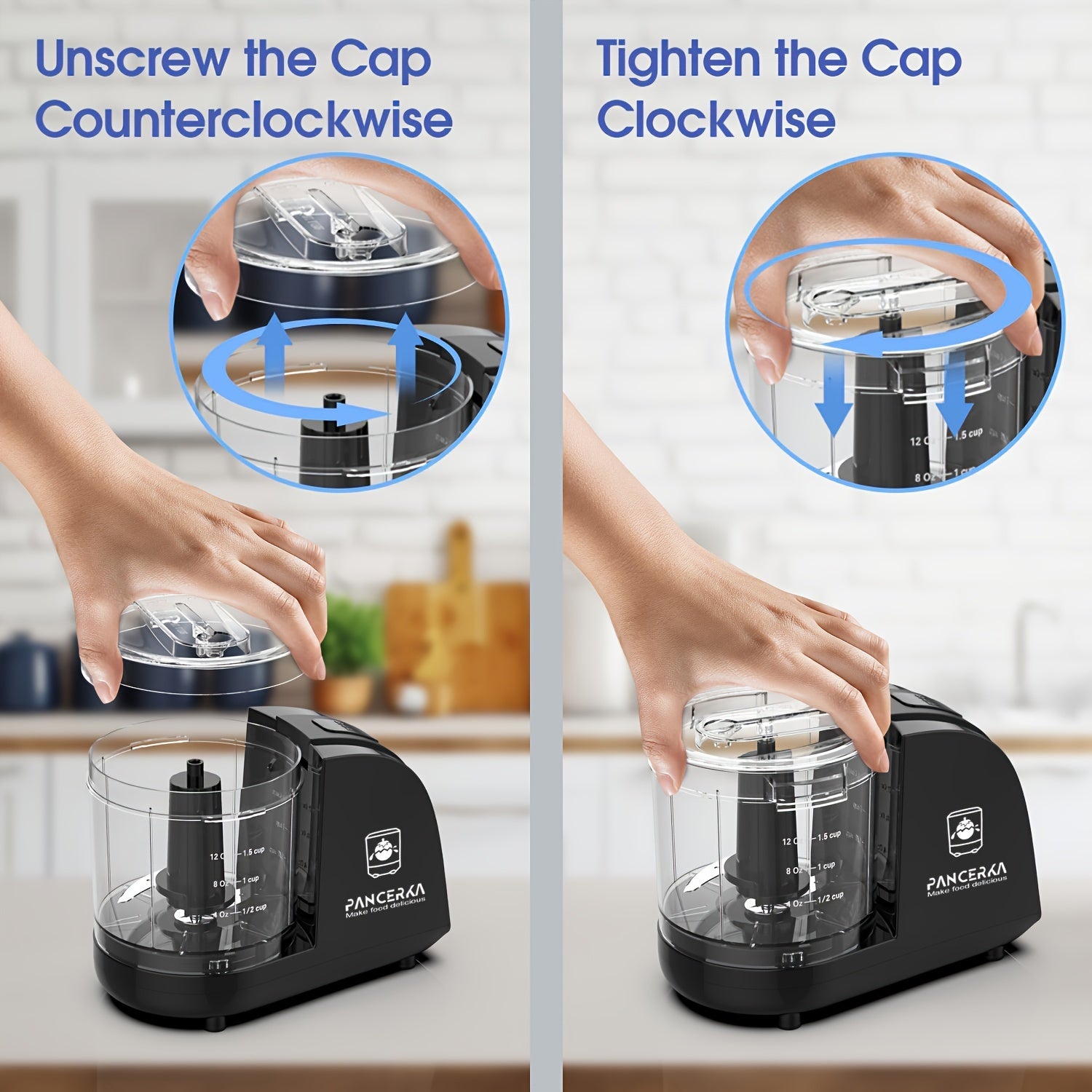 PANCERKA 1.5 stakanli aralashtirgich maydalagich, 200W quvvat, 15000RPM va 350ml sig'imga ega. Oshxonada to‘g‘ralish, maydalash va pyure qilish uchun Yevropa standartidagi ulagich bilan birga keladi.