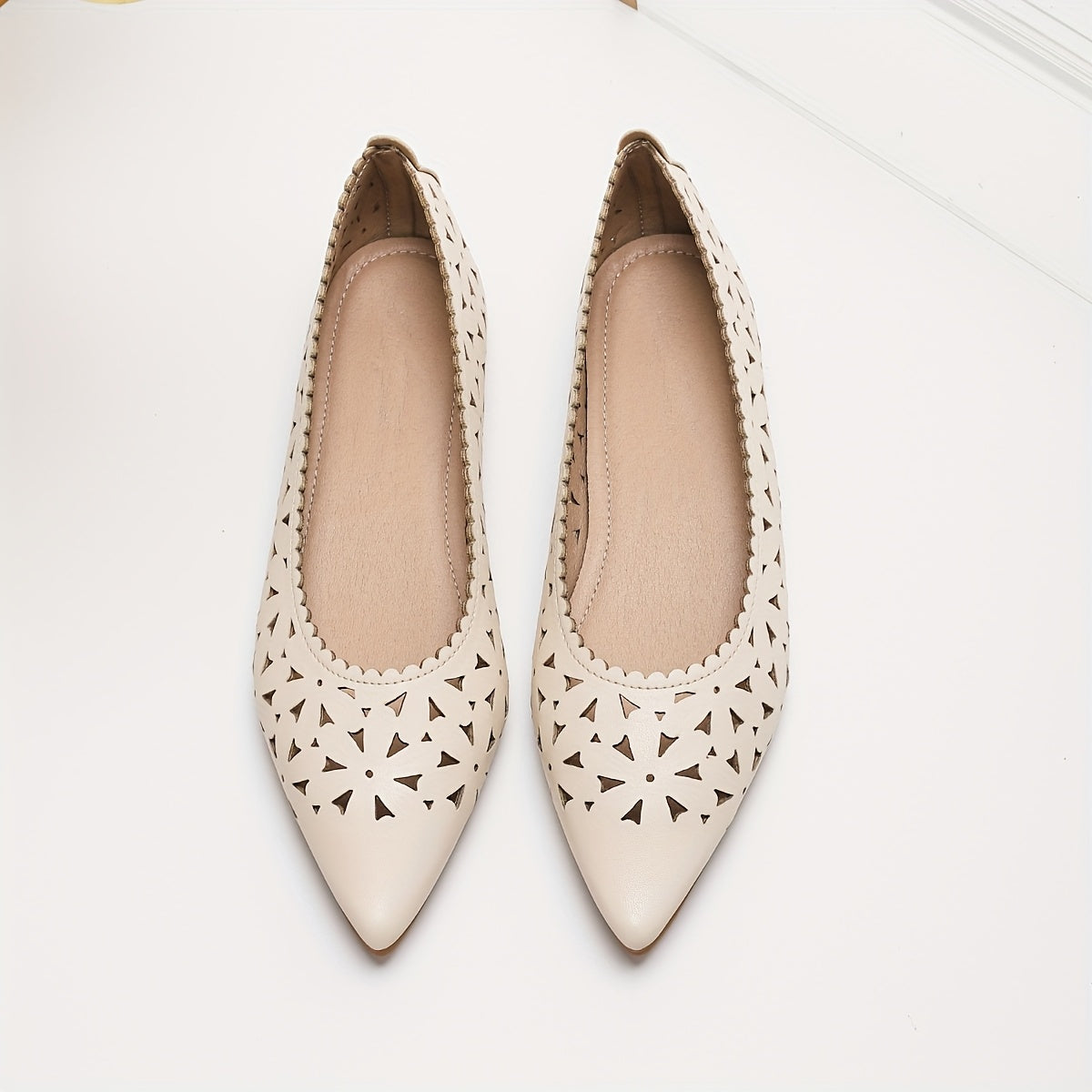 Women's Pointed-Toe Slip-On Flats Breathable Cut-Out Beige Synthetic Shoes