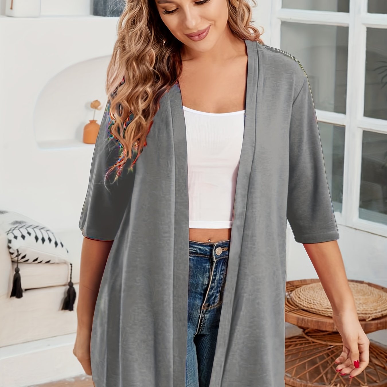 Plus Size Women's Cardigan Open Front Solid Color Half Sleeve Fall Winter