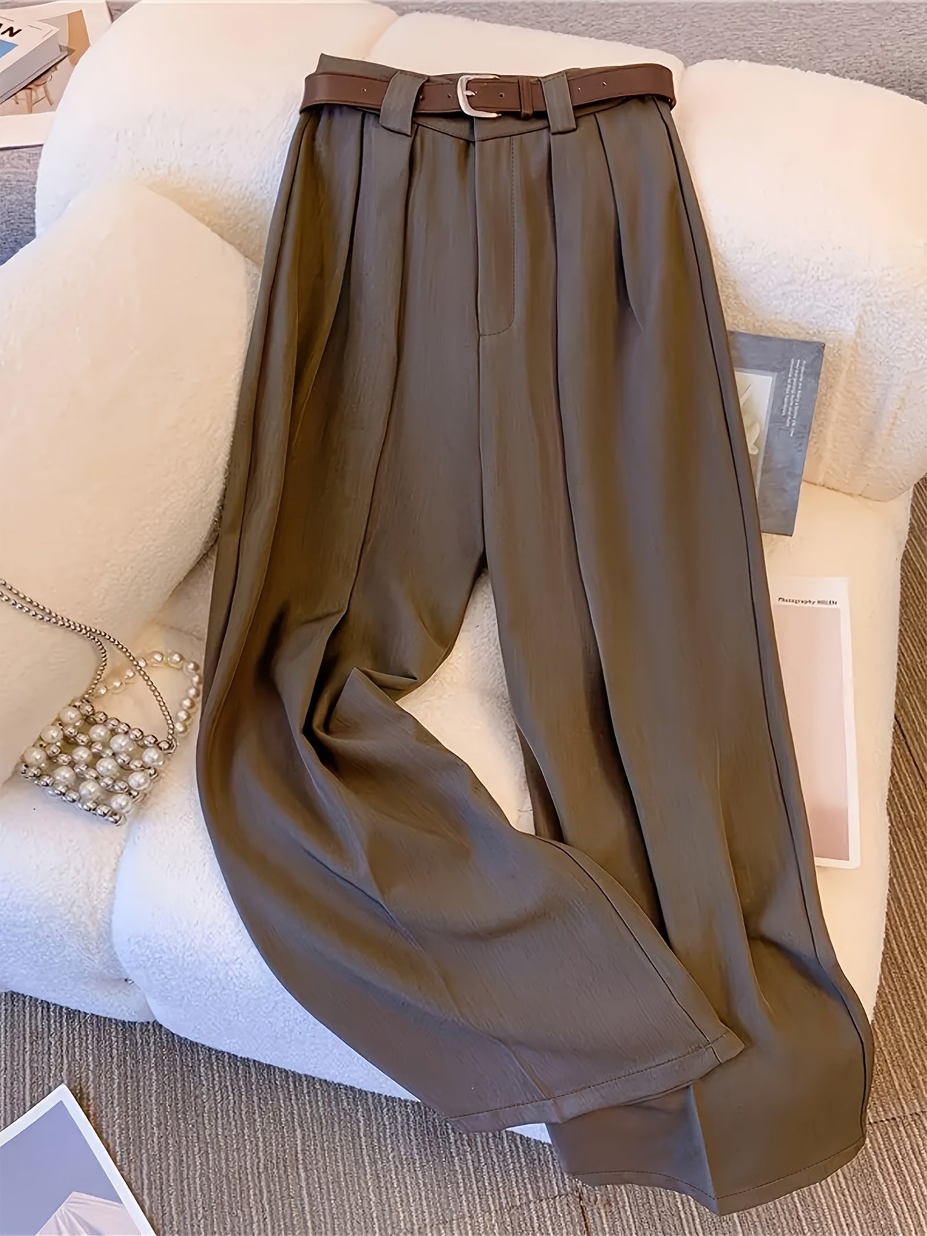 Women's High-Waist Wide Leg Pants Polyester Zipper Pleated Solid Color Elegant