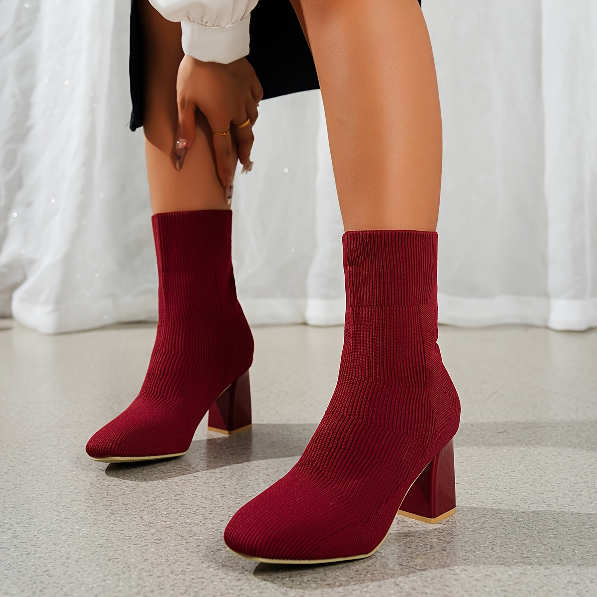 Women's Knitted Slip-On Boots with Chunky Heel and Point Toe